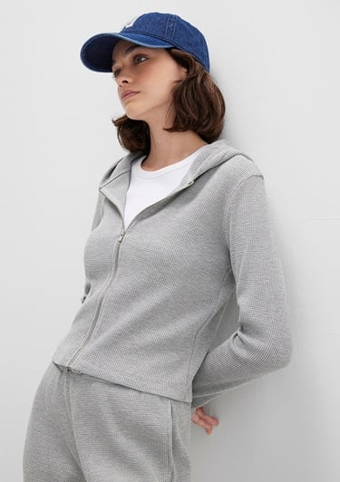  Mavi Fermuarlı Dokulu Gri Sweatshirt 1613383-80018