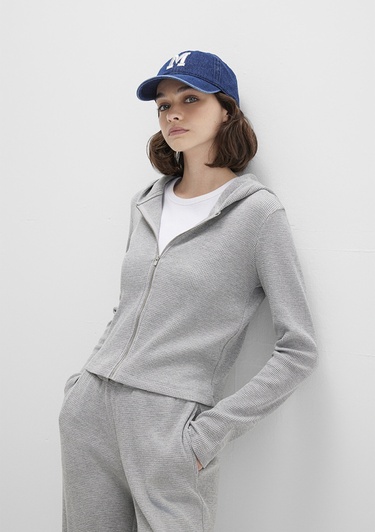  Mavi Fermuarlı Dokulu Gri Sweatshirt 1613383-80018