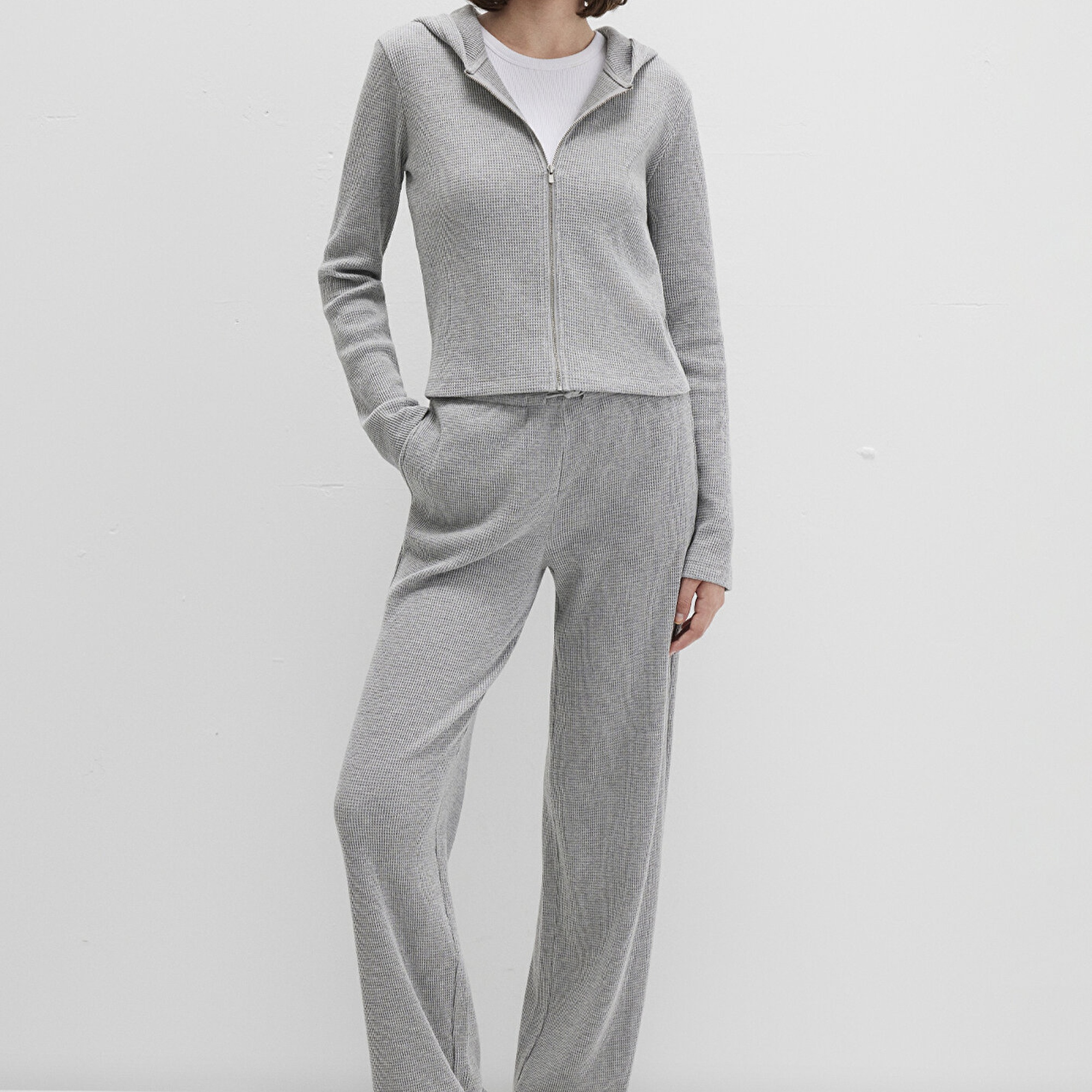 Mavi Fermuarlı Dokulu Gri Sweatshirt 1613383-80018