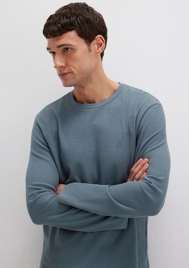  Mavi Uzun Kollu Gri Basic Tişört Slim Fit / Dar Kesim 065755-80889