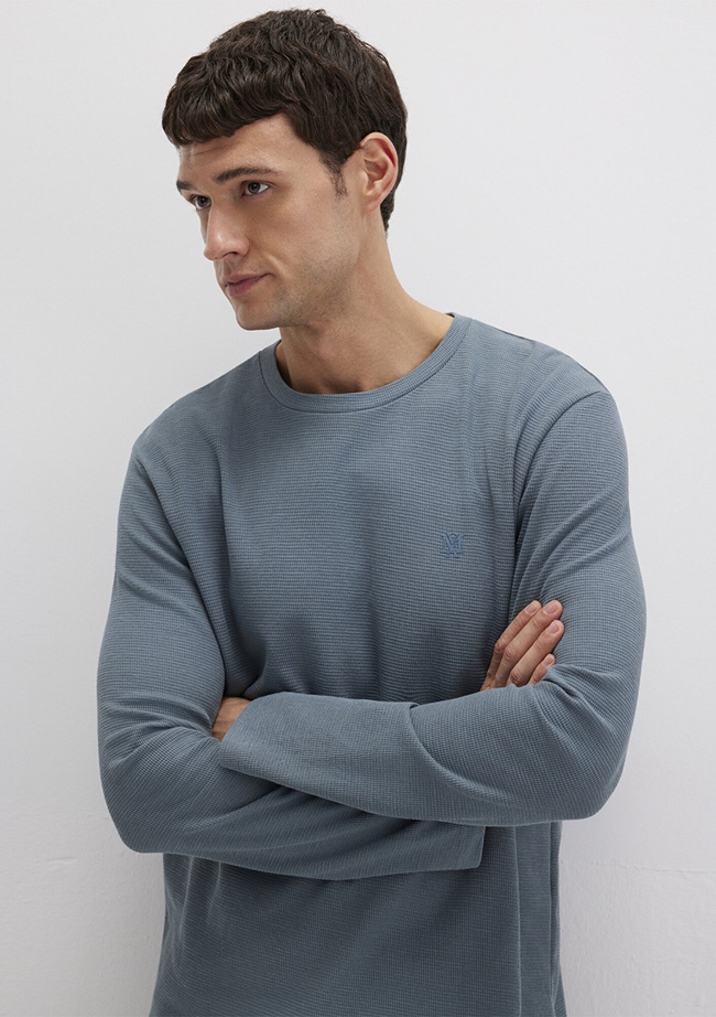  Mavi Uzun Kollu Gri Basic Tişört Slim Fit / Dar Kesim 065755-80889