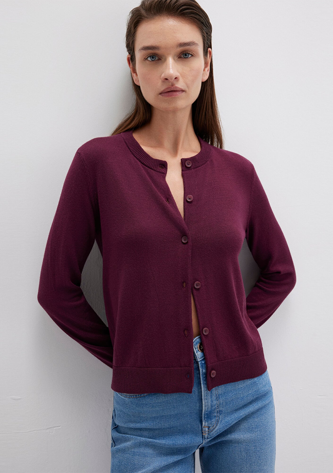  Mavi Düğmeli Bordo Hırka Slim Fit / Dar Kesim 1710713-87830