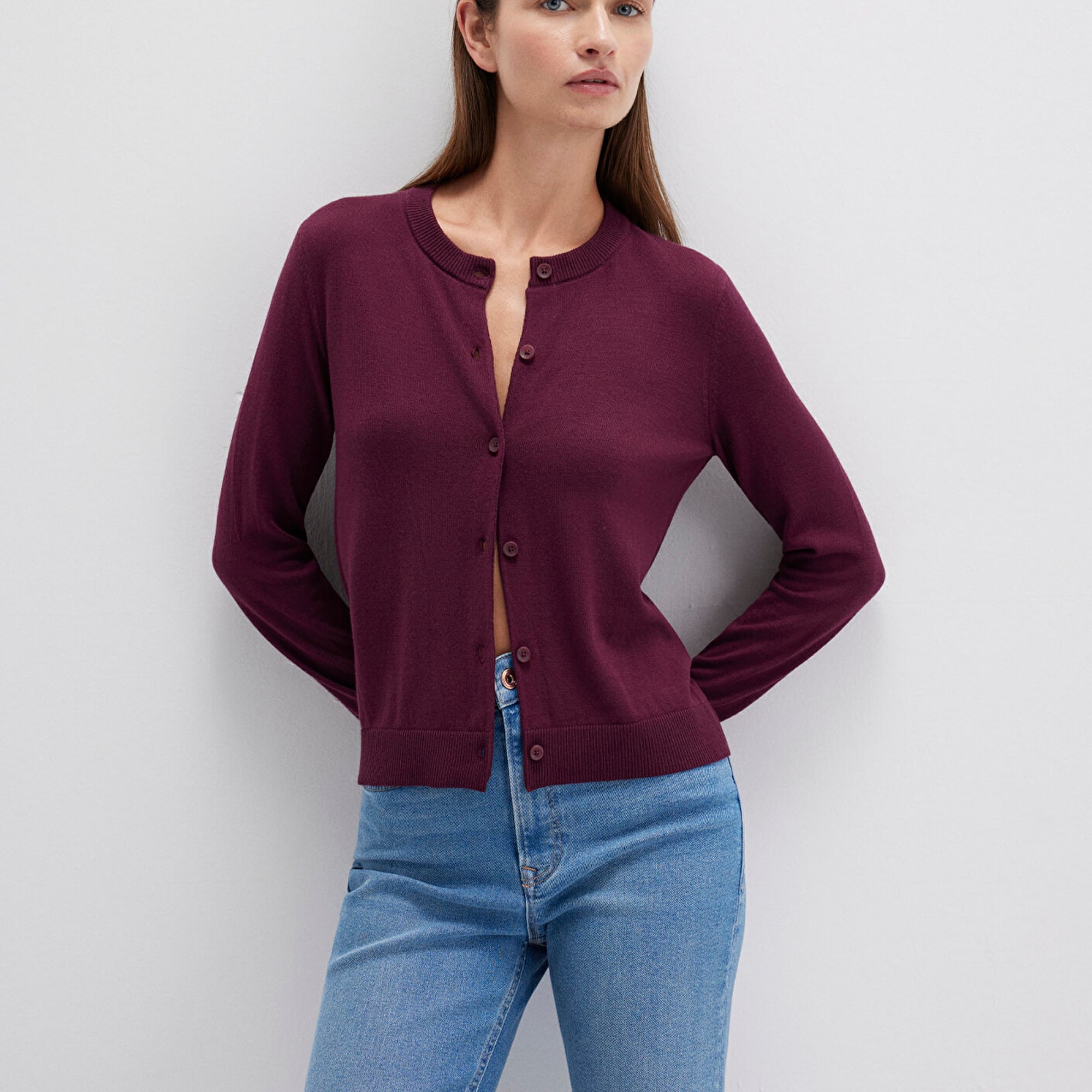 Mavi Düğmeli Bordo Hırka Slim Fit / Dar Kesim 1710713-87830