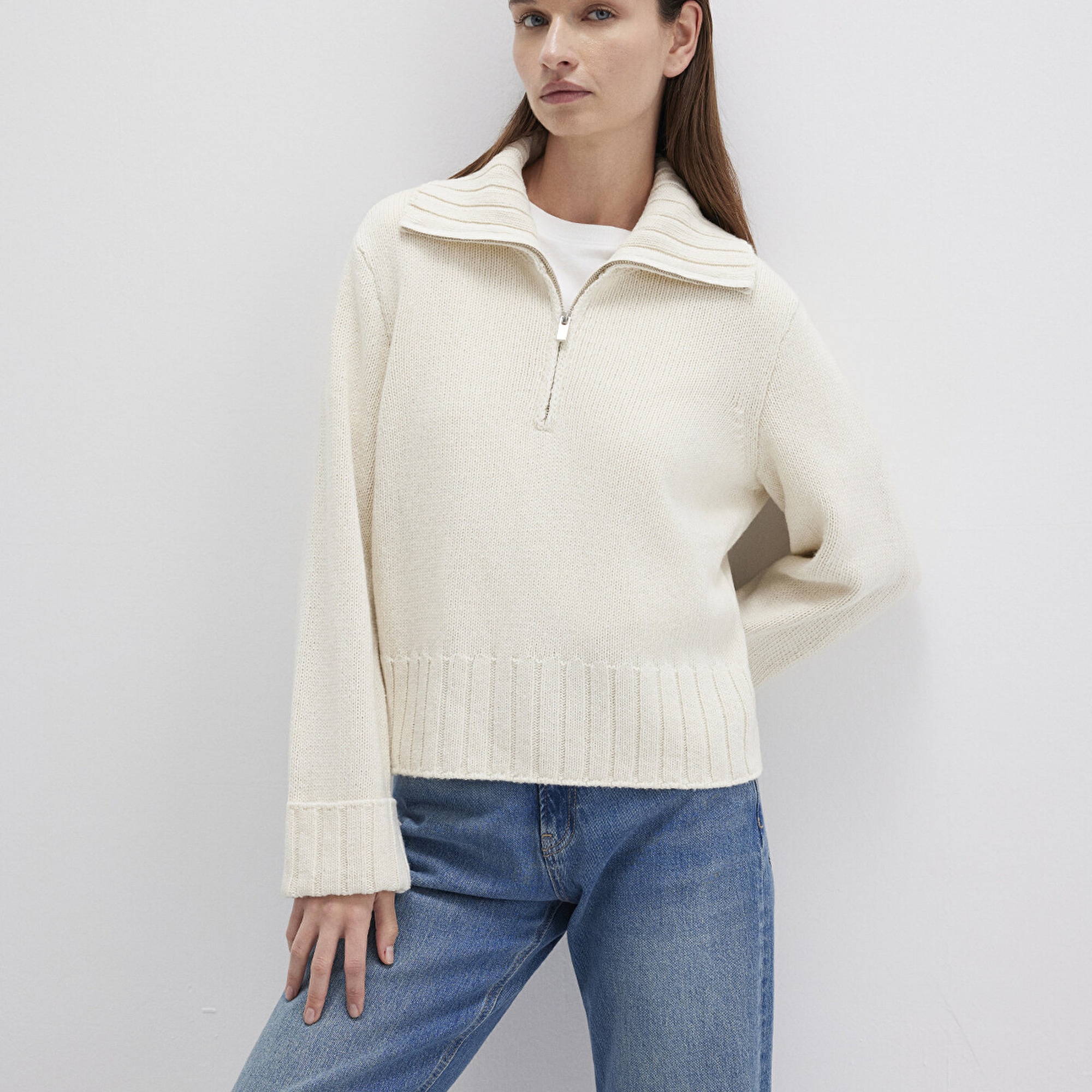 Mavi Yarı Fermuarlı Ekru Kazak Regular Fit / Normal Kesim 1710703-82127