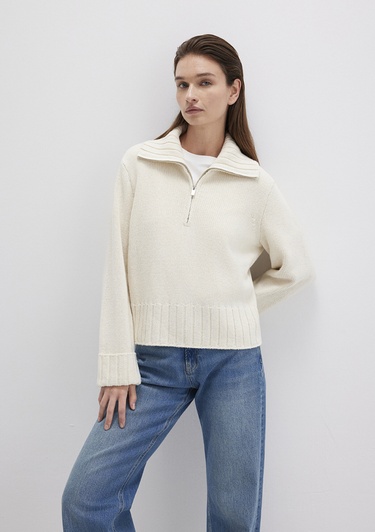  Mavi Yarı Fermuarlı Ekru Kazak Regular Fit / Normal Kesim 1710703-82127