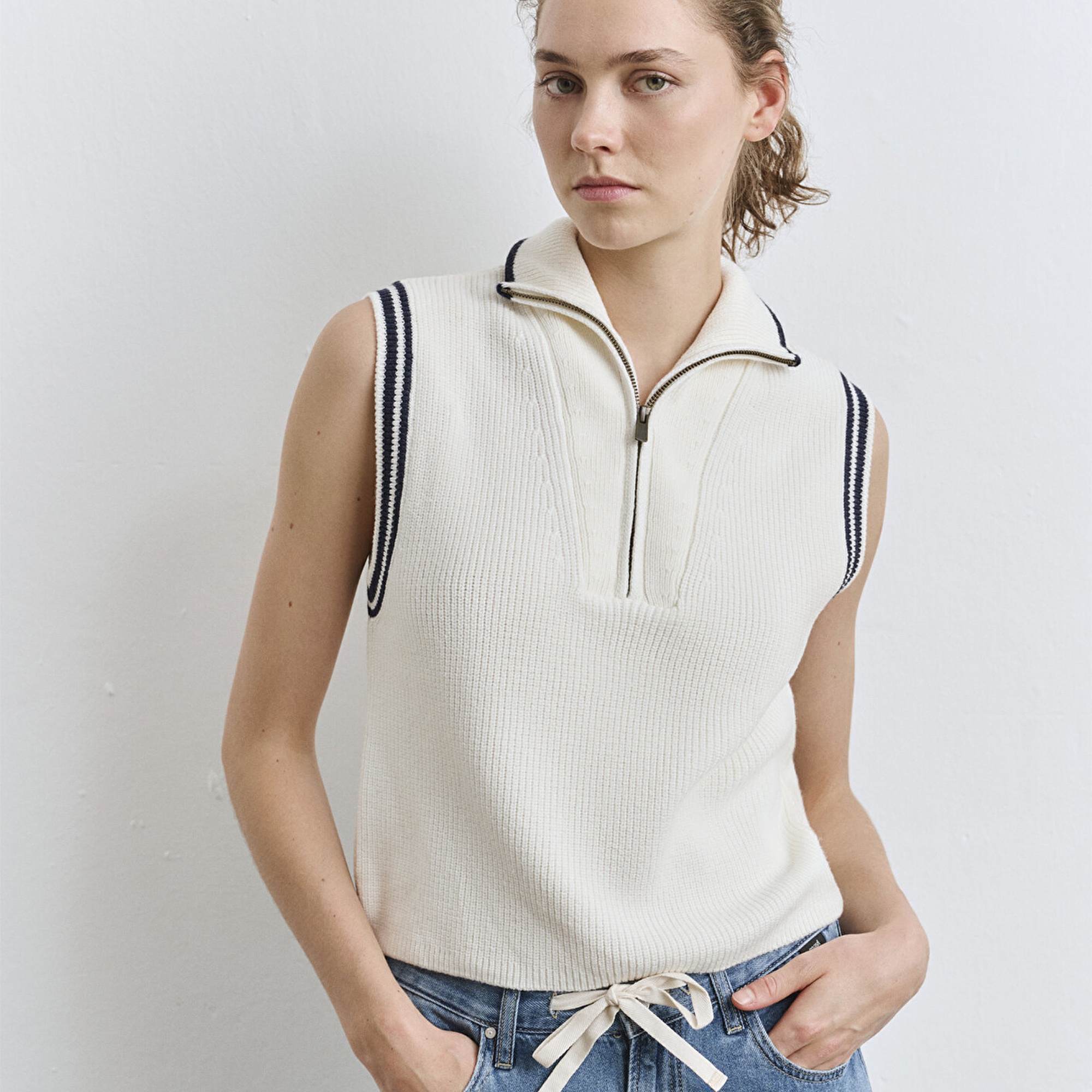 Mavi Yarı Fermuarlı Ekru Süveter Slim Fit / Dar Kesim 1710698-70057