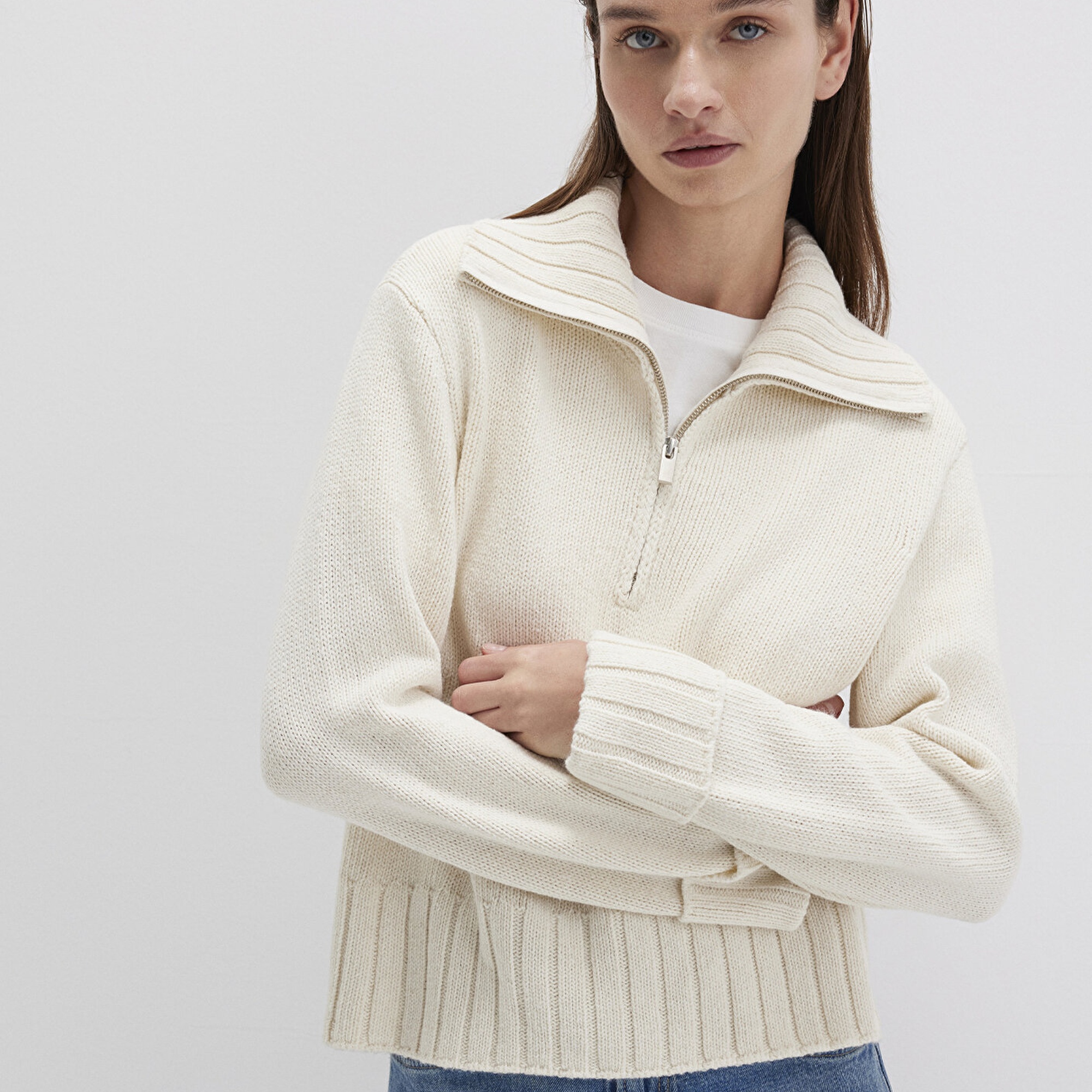 Mavi Yarı Fermuarlı Ekru Kazak Regular Fit / Normal Kesim 1710703-82127