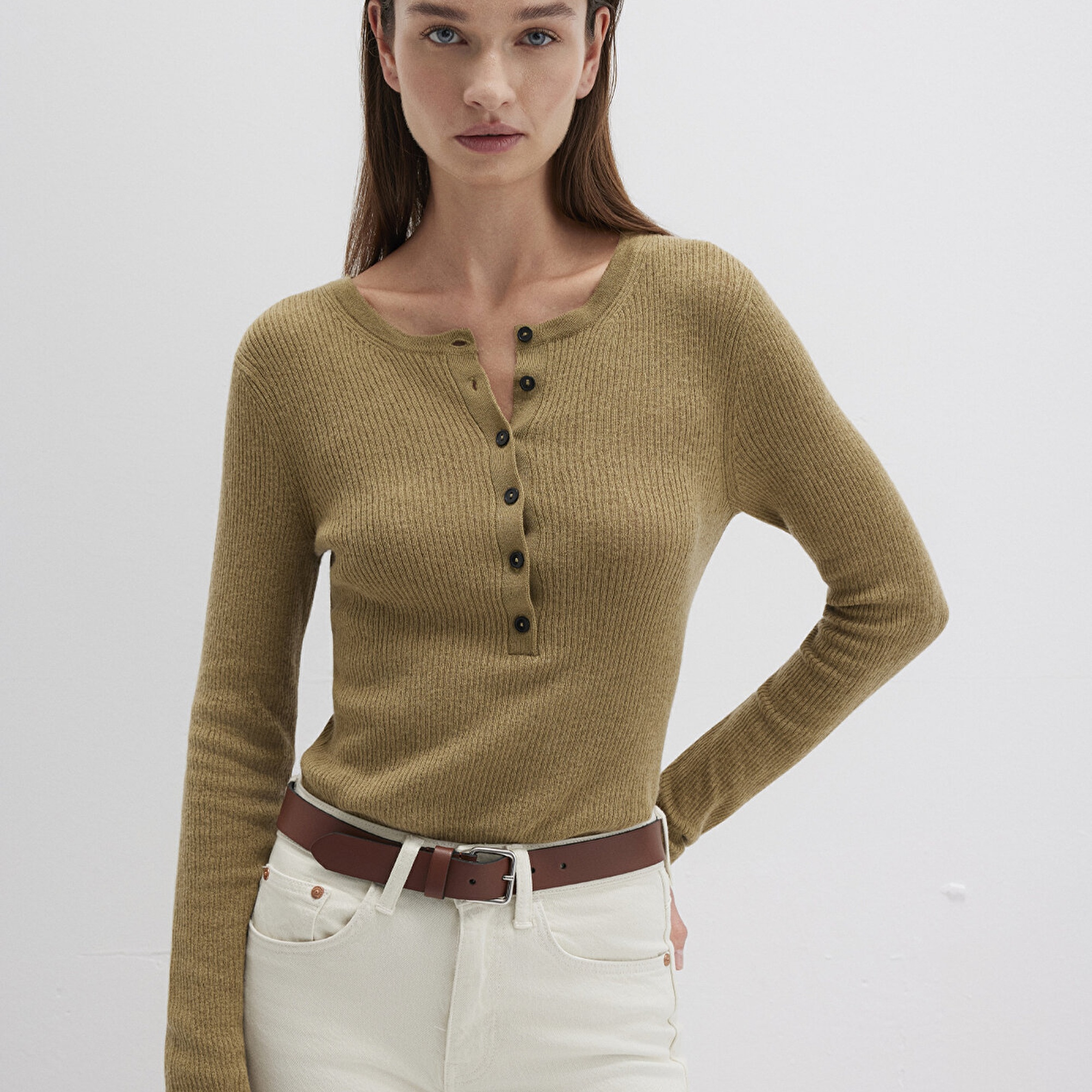 Mavi Düğme Detaylı Yeşil Kazak Fitted / Vücuda Oturan Kesim 1710730-71567