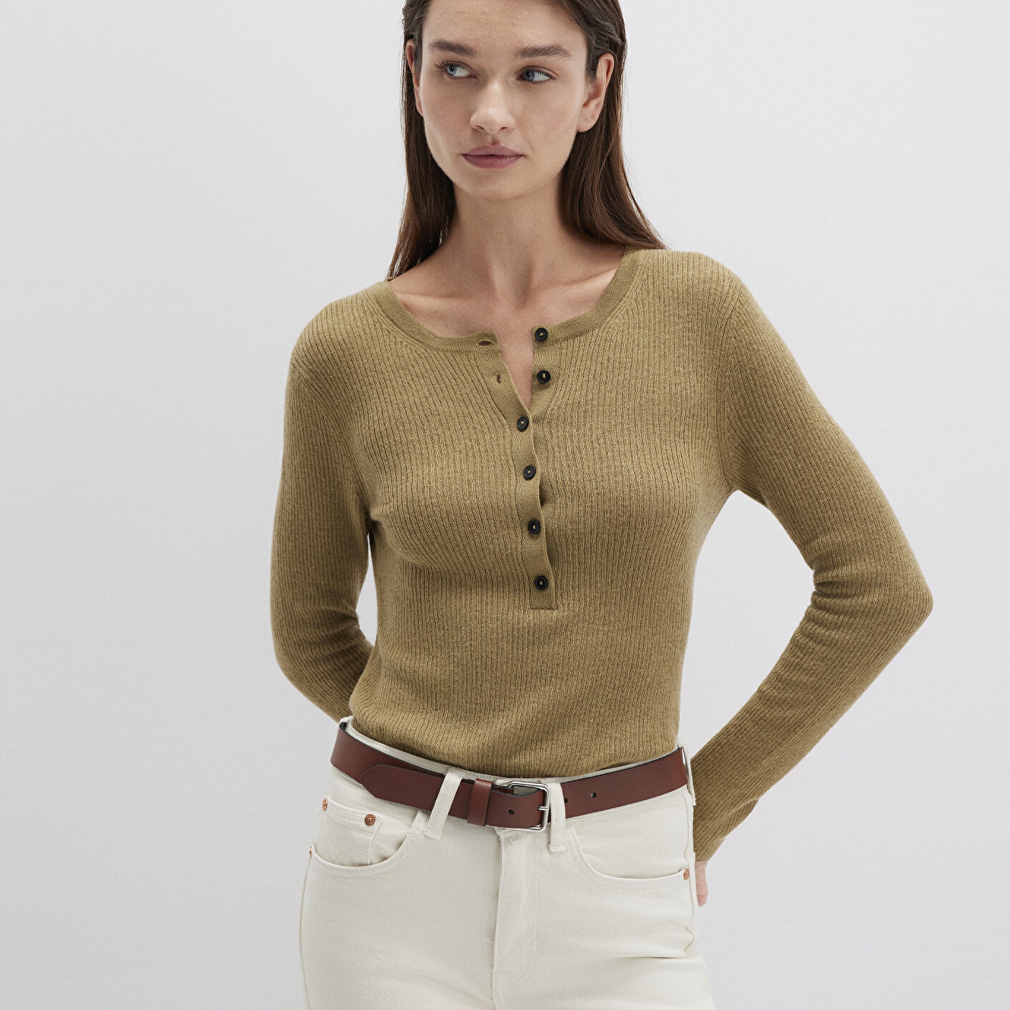 Mavi Düğme Detaylı Yeşil Kazak Fitted / Vücuda Oturan Kesim 1710730-71567