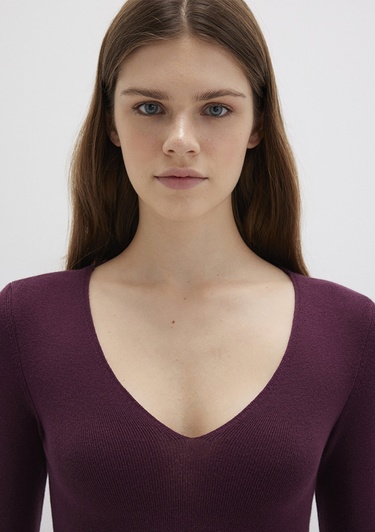  Mavi V Yaka Mor Kazak Crop / Kısa Kesim 1710122-87830