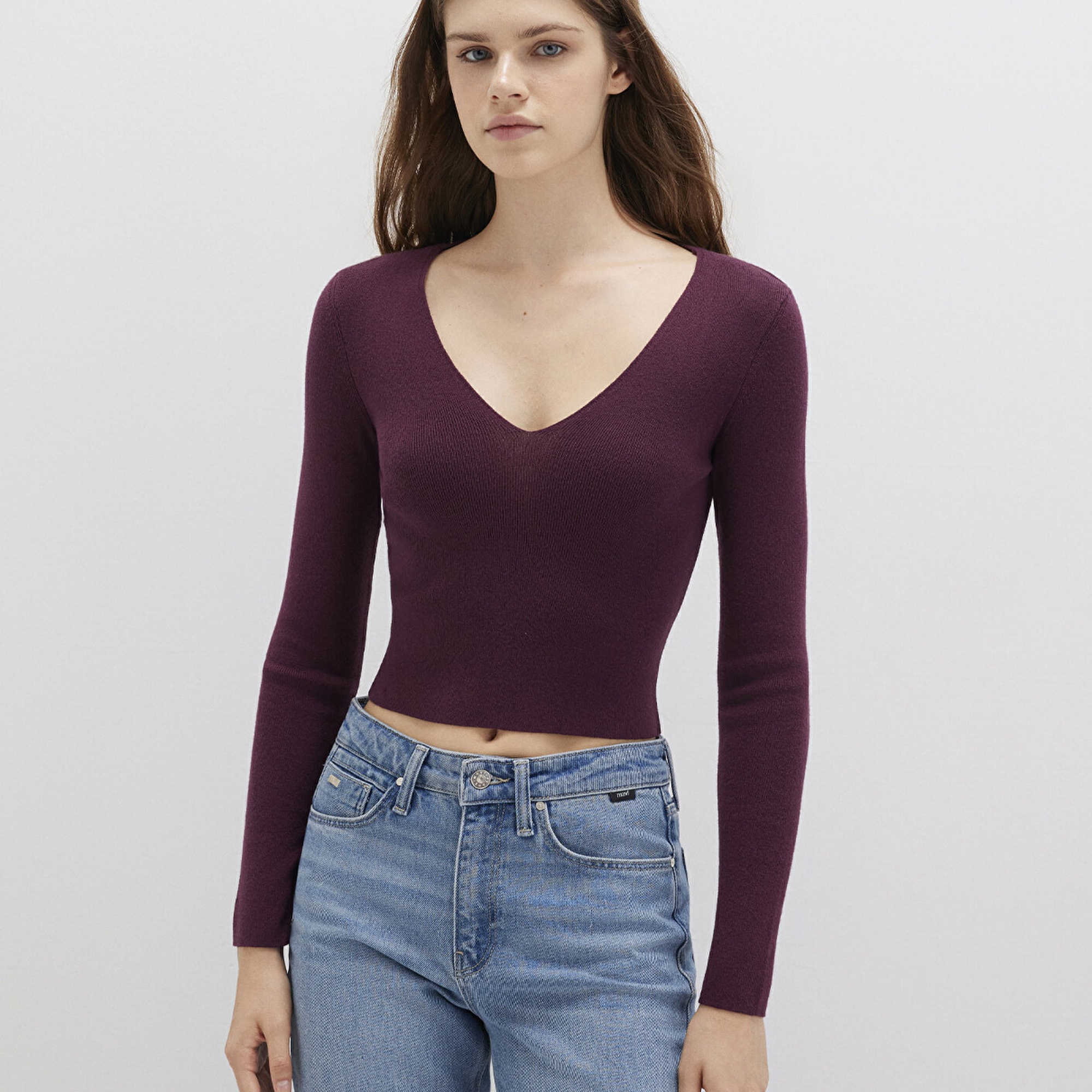 Mavi V Yaka Mor Kazak Crop / Kısa Kesim 1710122-87830