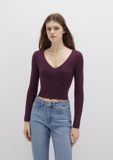  Mavi V Yaka Mor Kazak Crop / Kısa Kesim 1710122-87830