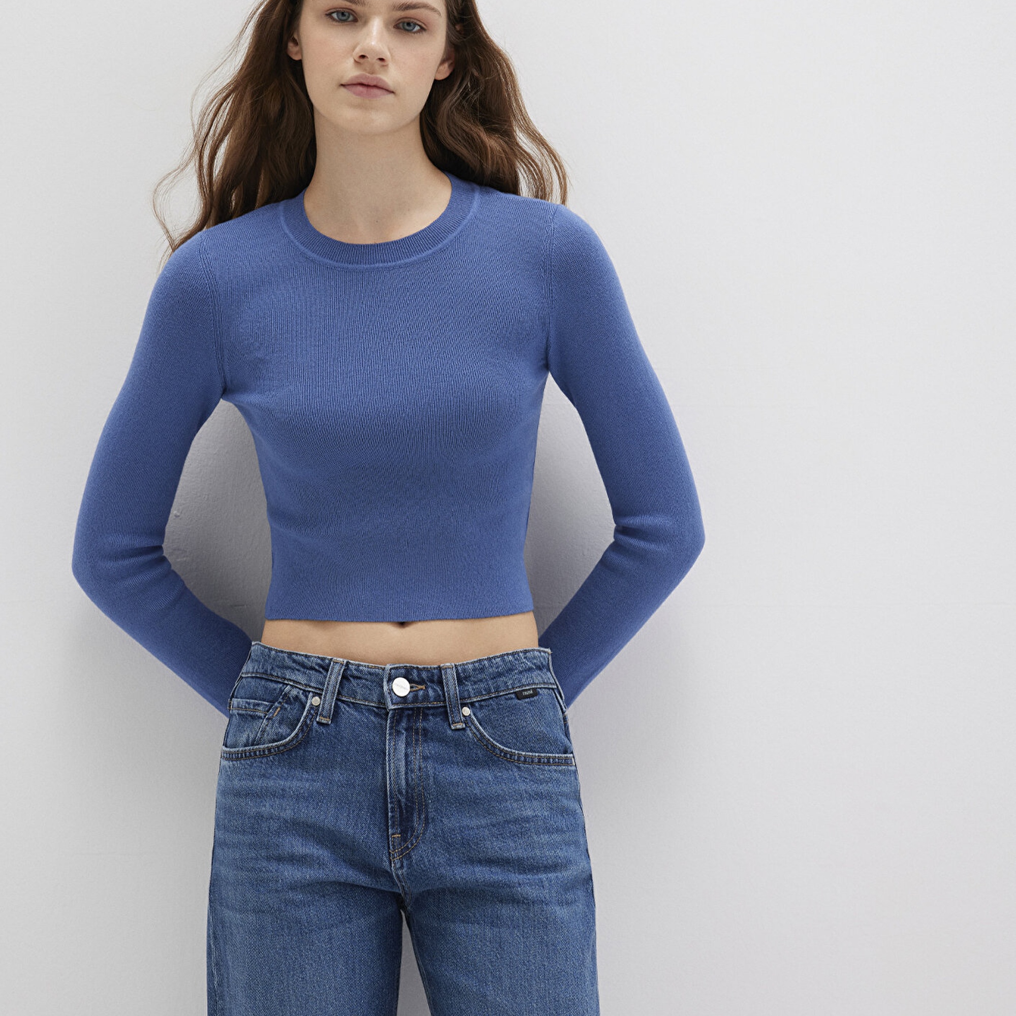 Mavi Bisiklet Yaka Mavi Crop Kazak Crop / Kısa Kesim 1710474-70738