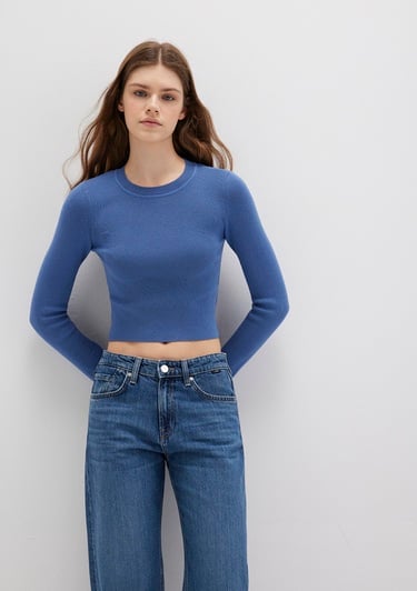  Mavi Bisiklet Yaka Mavi Crop Kazak Crop / Kısa Kesim 1710474-70738