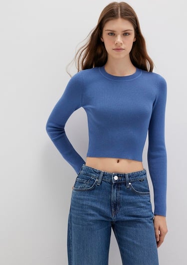  Mavi Bisiklet Yaka Mavi Crop Kazak Crop / Kısa Kesim 1710474-70738