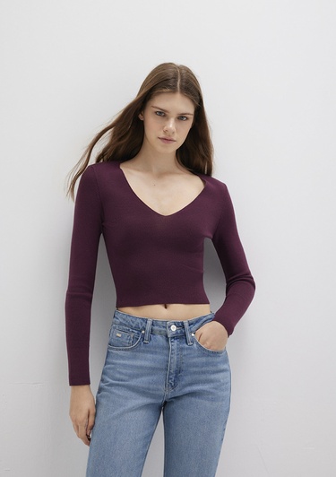  Mavi V Yaka Mor Kazak Crop / Kısa Kesim 1710122-87830