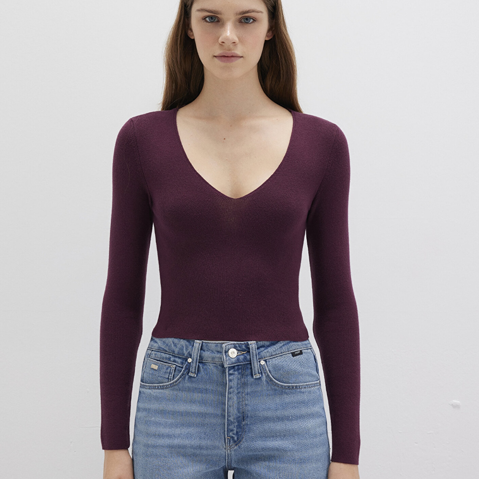 Mavi V Yaka Mor Kazak Crop / Kısa Kesim 1710122-87830