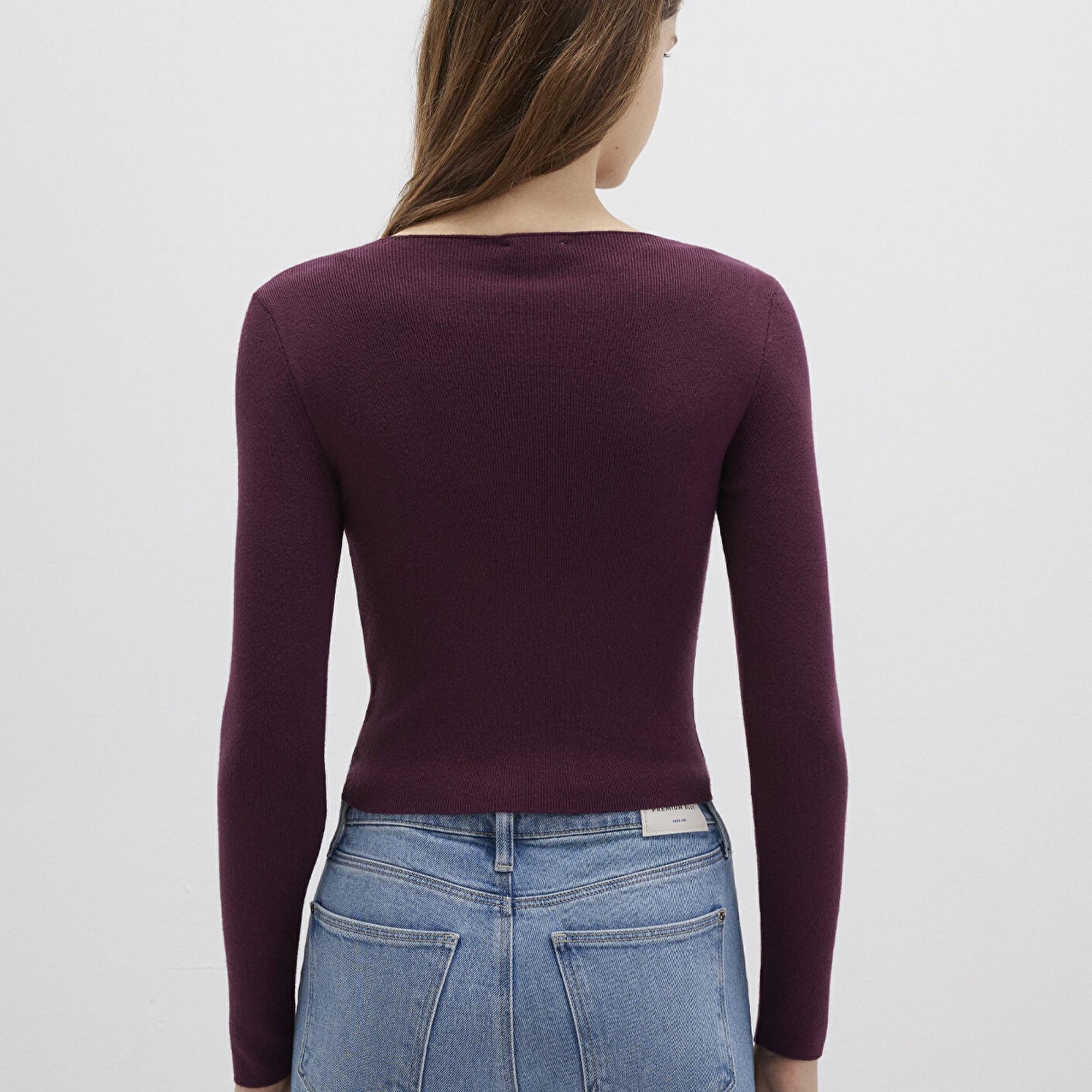 Mavi V Yaka Mor Kazak Crop / Kısa Kesim 1710122-87830