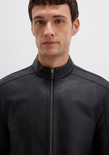  Mavi Siyah Suni Deri Ceket Slim Fit / Dar Kesim 0110548-71379