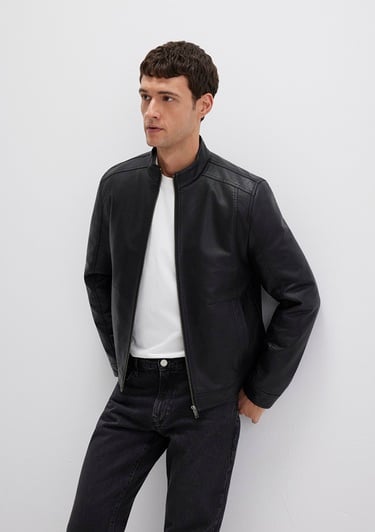  Mavi Siyah Suni Deri Ceket Slim Fit / Dar Kesim 0110548-71379