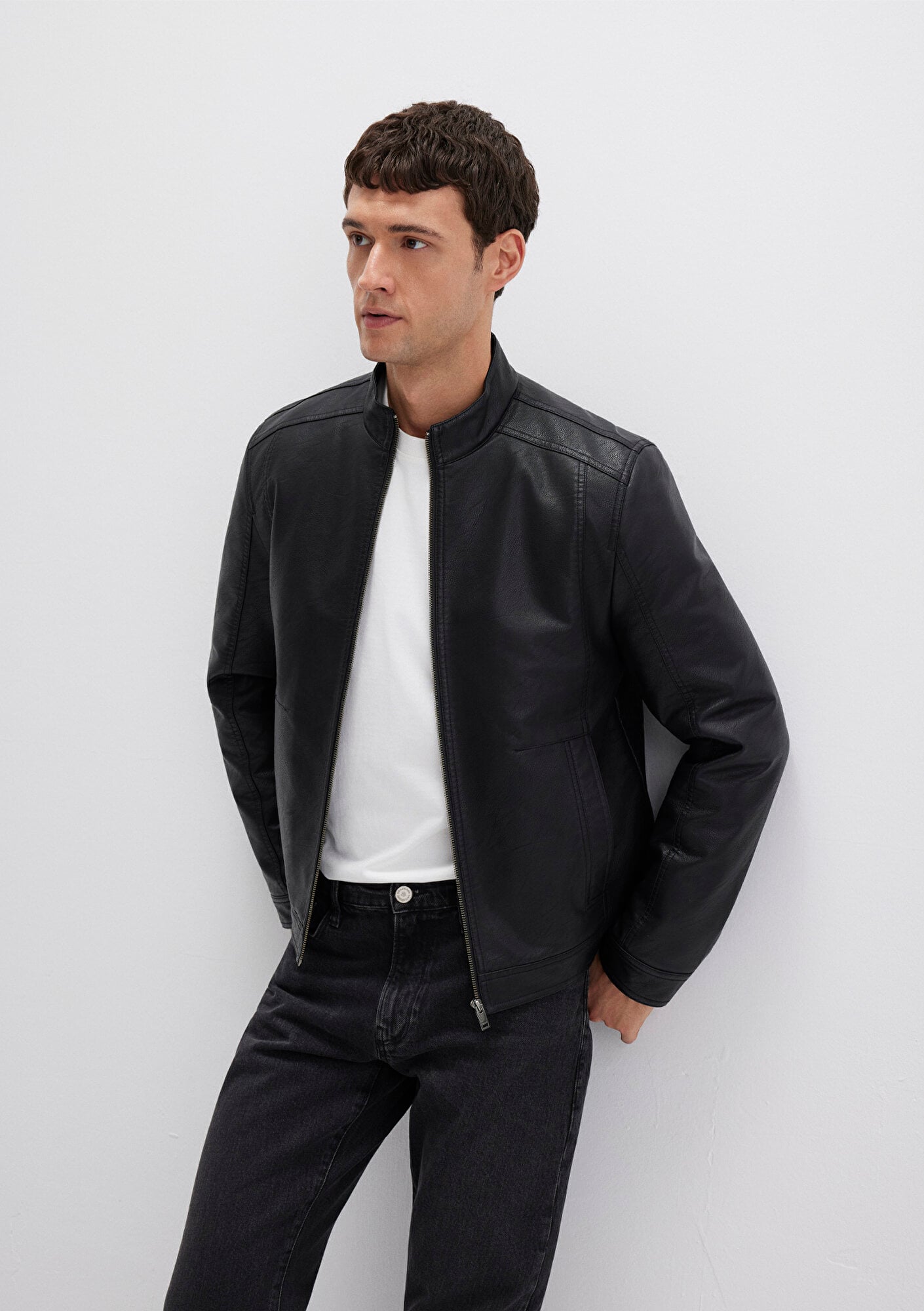  Mavi Siyah Suni Deri Ceket Slim Fit / Dar Kesim 0110548-71379