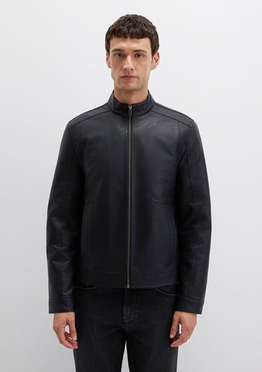 Mavi Siyah Suni Deri Ceket Slim Fit / Dar Kesim 0110548-71379