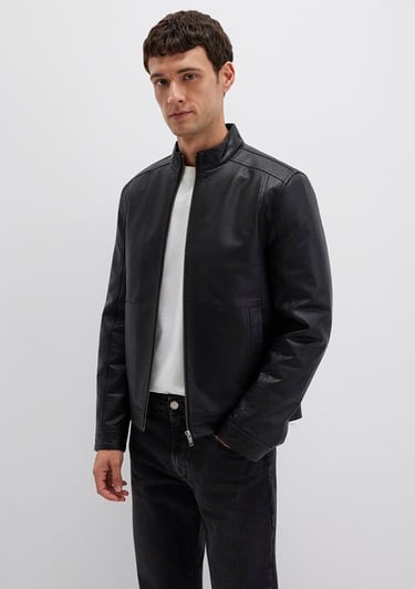  Mavi Siyah Suni Deri Ceket Slim Fit / Dar Kesim 0110548-71379