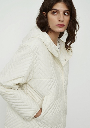  Mavi Kapüşonlu Kapitone Bej Ceket Loose Fit / Bol Rahat Kesim 1110460-71609