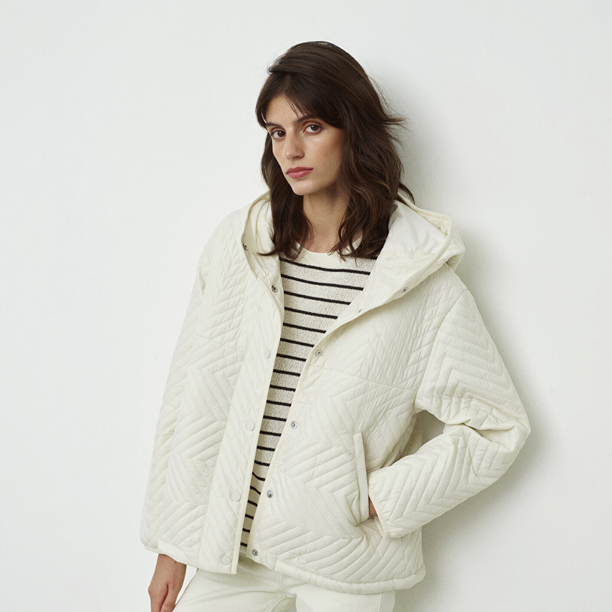 Mavi Kapüşonlu Kapitone Bej Ceket Loose Fit / Bol Rahat Kesim 1110460-71609