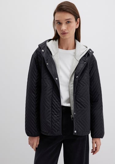  Mavi Kapüşonlu Kapitone Siyah Ceket Loose Fit / Bol Rahat Kesim 1110460-900