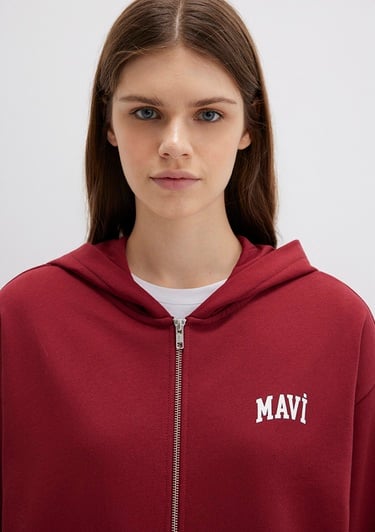  Mavi Mavi Logo Baskılı Kapüşonlu Fermuarlı Bordo Sweatshirt 1S10178-85493