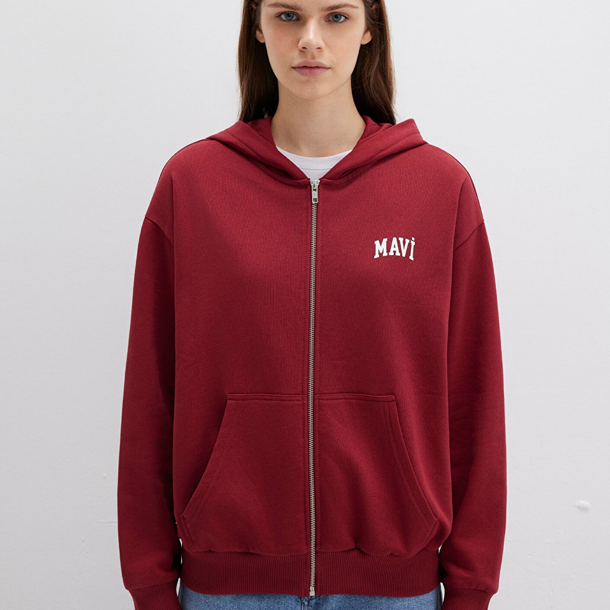 Mavi Mavi Logo Baskılı Kapüşonlu Fermuarlı Bordo Sweatshirt 1S10178-85493
