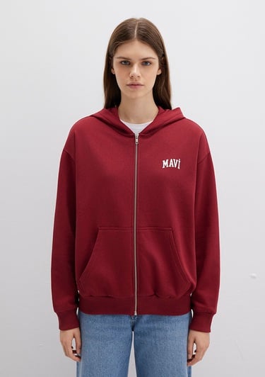  Mavi Mavi Logo Baskılı Kapüşonlu Fermuarlı Bordo Sweatshirt 1S10178-85493