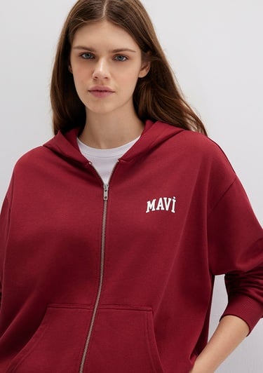  Mavi Mavi Logo Baskılı Kapüşonlu Fermuarlı Bordo Sweatshirt 1S10178-85493