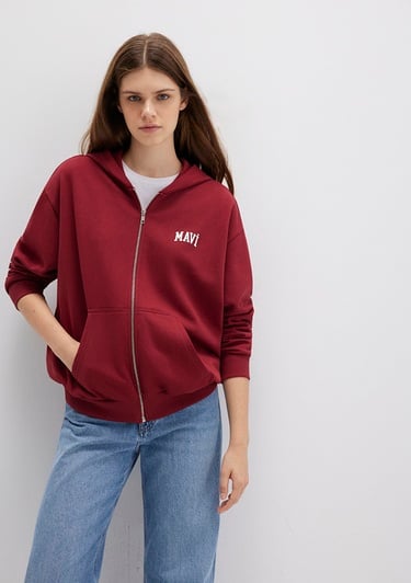  Mavi Mavi Logo Baskılı Kapüşonlu Fermuarlı Bordo Sweatshirt 1S10178-85493
