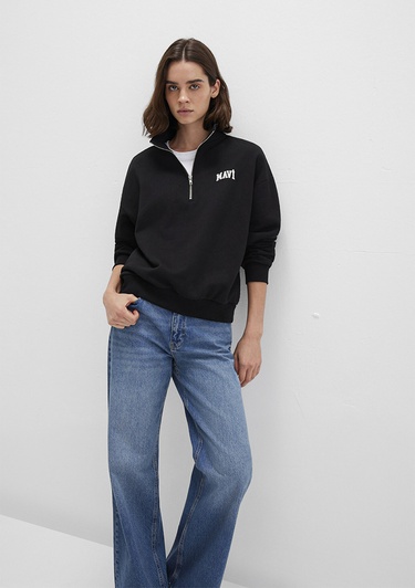  Mavi Mavi Logo Baskılı Yarı Fermuarlı Siyah Sweatshirt 1S10179-900