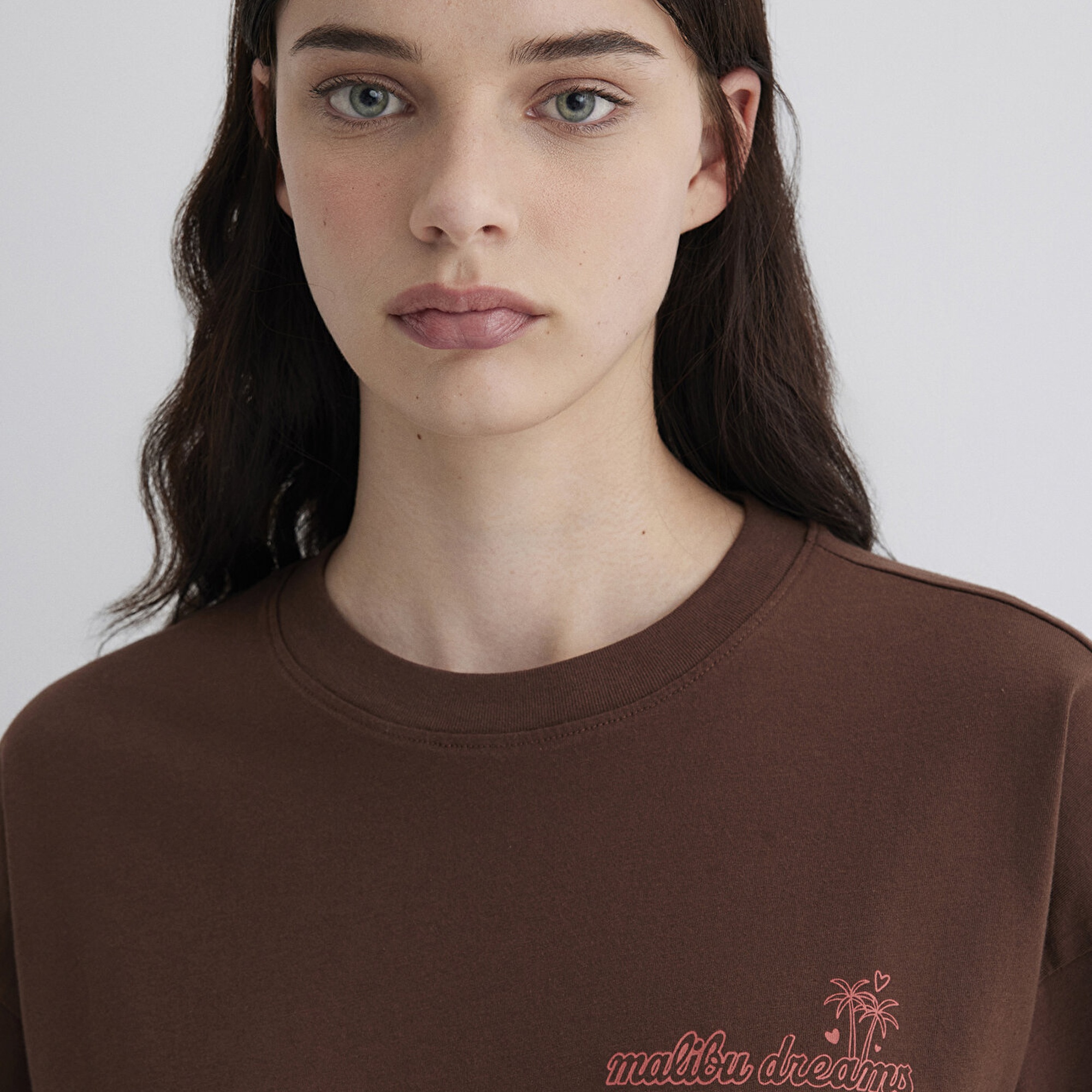 Mavi Baskılı Kahverengi Tişört Loose Fit / Bol Rahat Kesim 1613530-70242