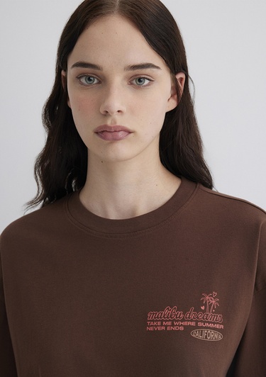  Mavi Baskılı Kahverengi Tişört Loose Fit / Bol Rahat Kesim 1613530-70242