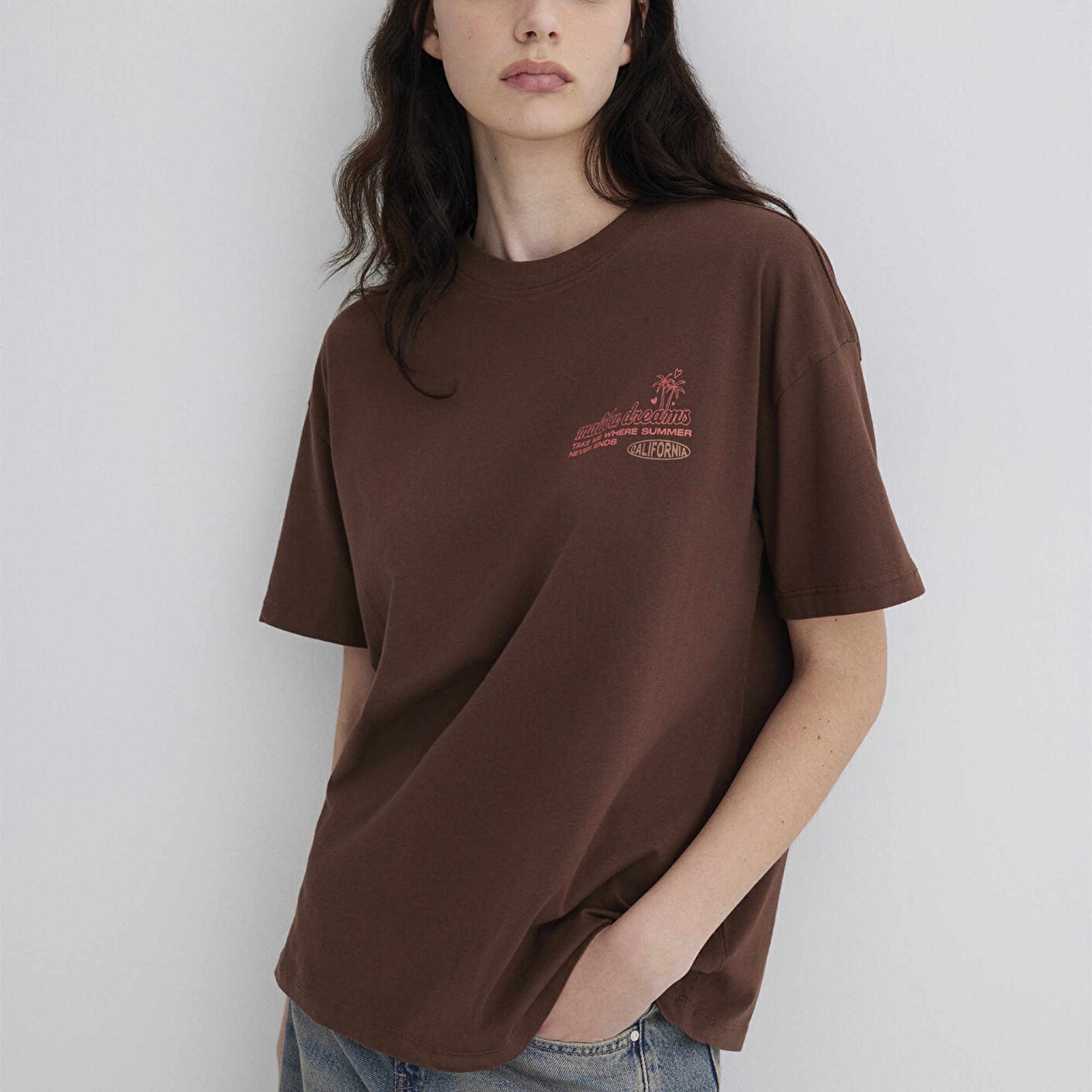 Mavi Baskılı Kahverengi Tişört Loose Fit / Bol Rahat Kesim 1613530-70242