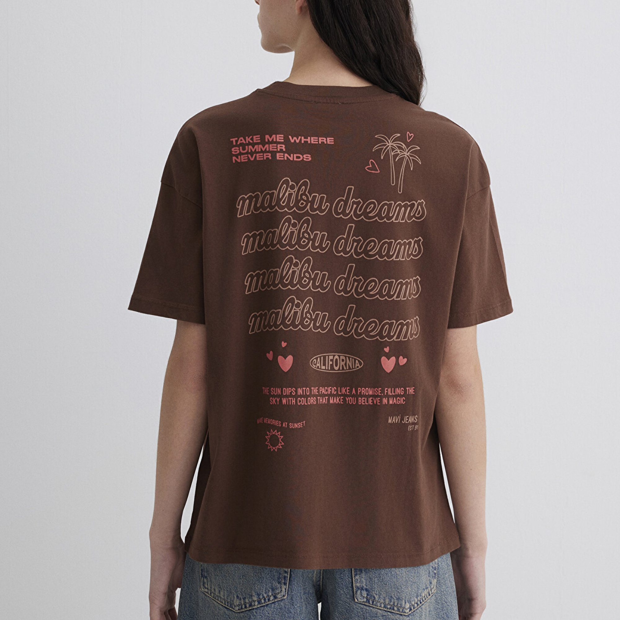 Mavi Baskılı Kahverengi Tişört Loose Fit / Bol Rahat Kesim 1613530-70242