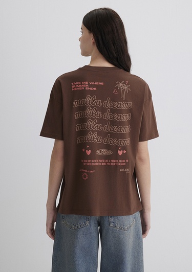  Mavi Baskılı Kahverengi Tişört Loose Fit / Bol Rahat Kesim 1613530-70242