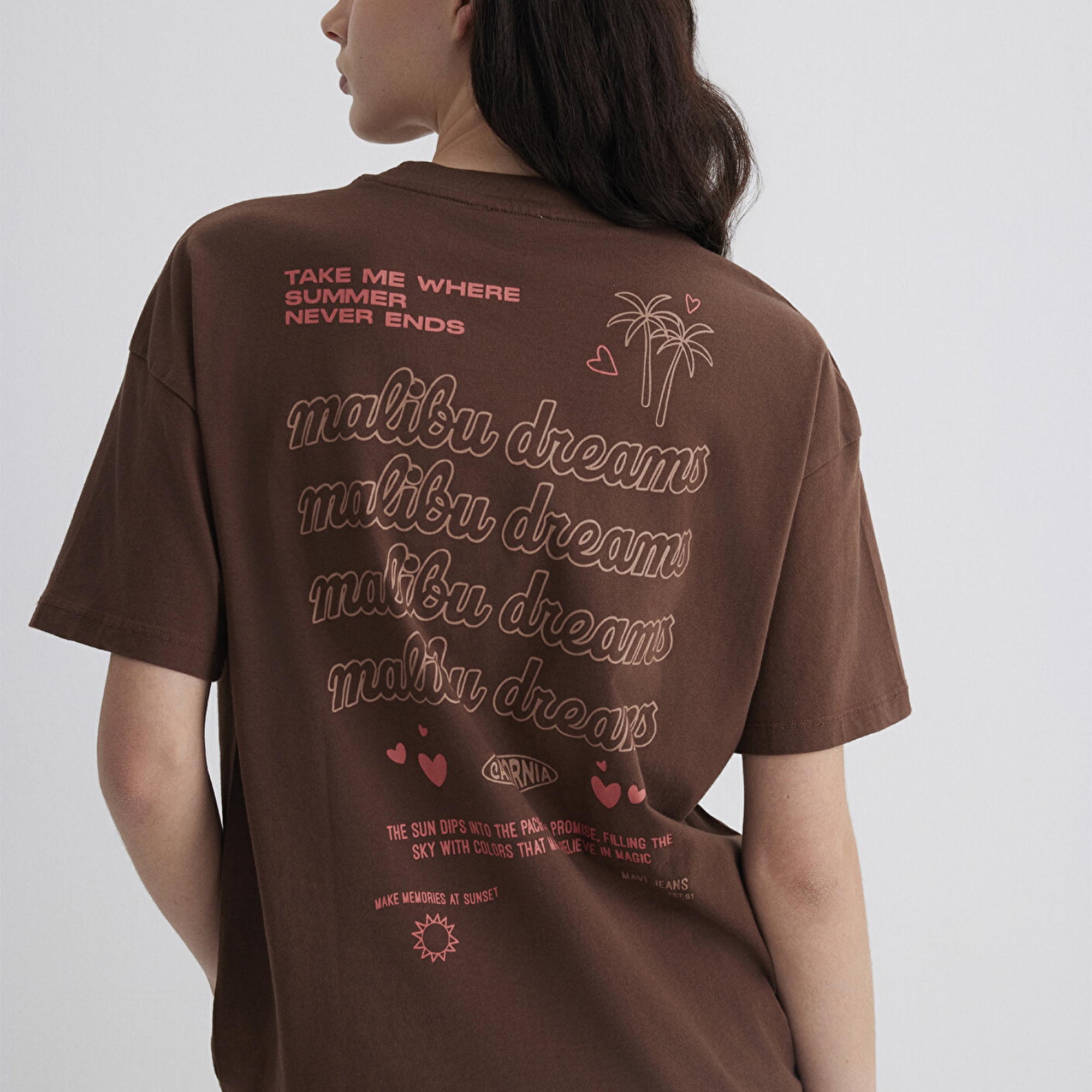 Mavi Baskılı Kahverengi Tişört Loose Fit / Bol Rahat Kesim 1613530-70242