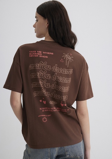  Mavi Baskılı Kahverengi Tişört Loose Fit / Bol Rahat Kesim 1613530-70242