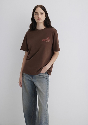  Mavi Baskılı Kahverengi Tişört Loose Fit / Bol Rahat Kesim 1613530-70242