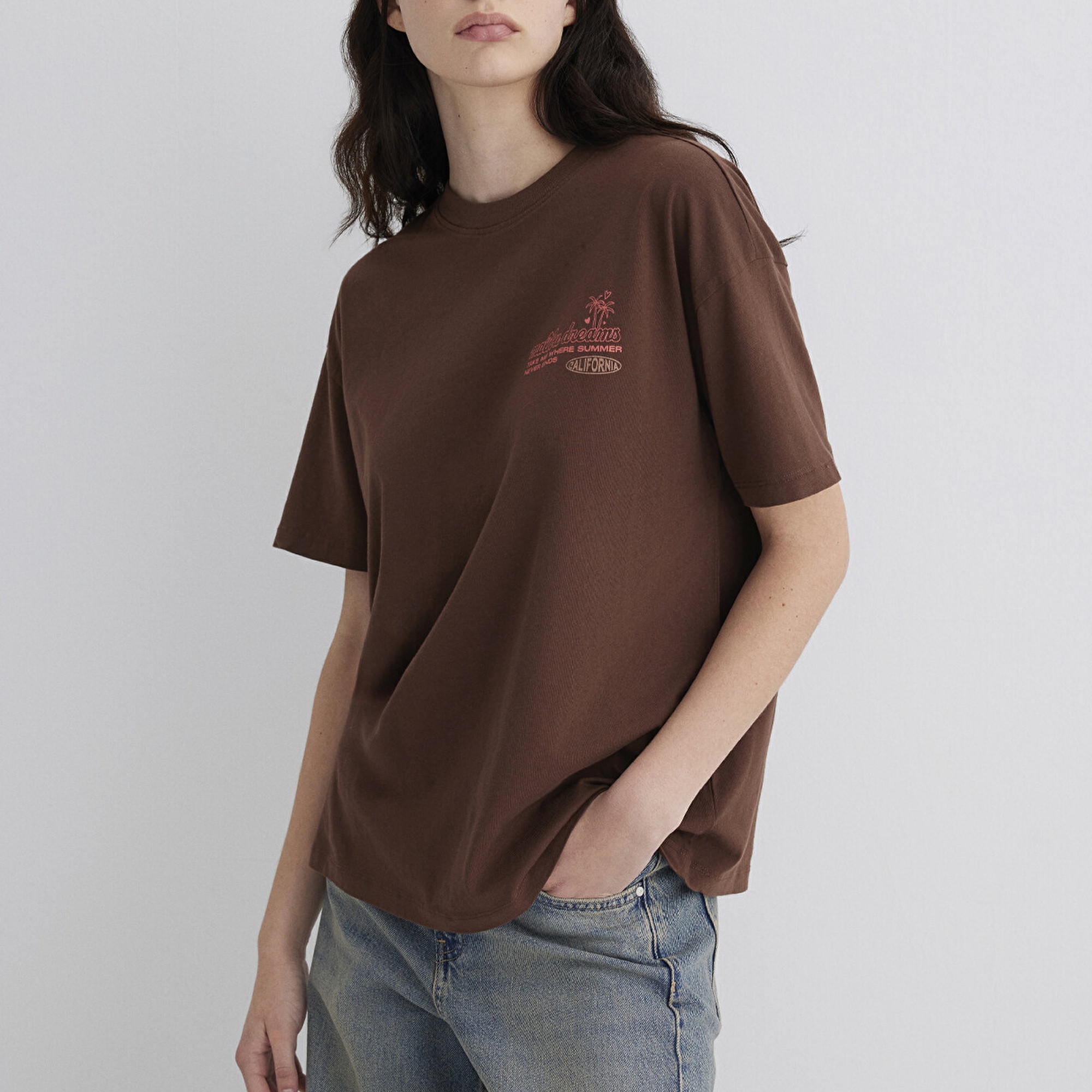 Mavi Baskılı Kahverengi Tişört Loose Fit / Bol Rahat Kesim 1613530-70242