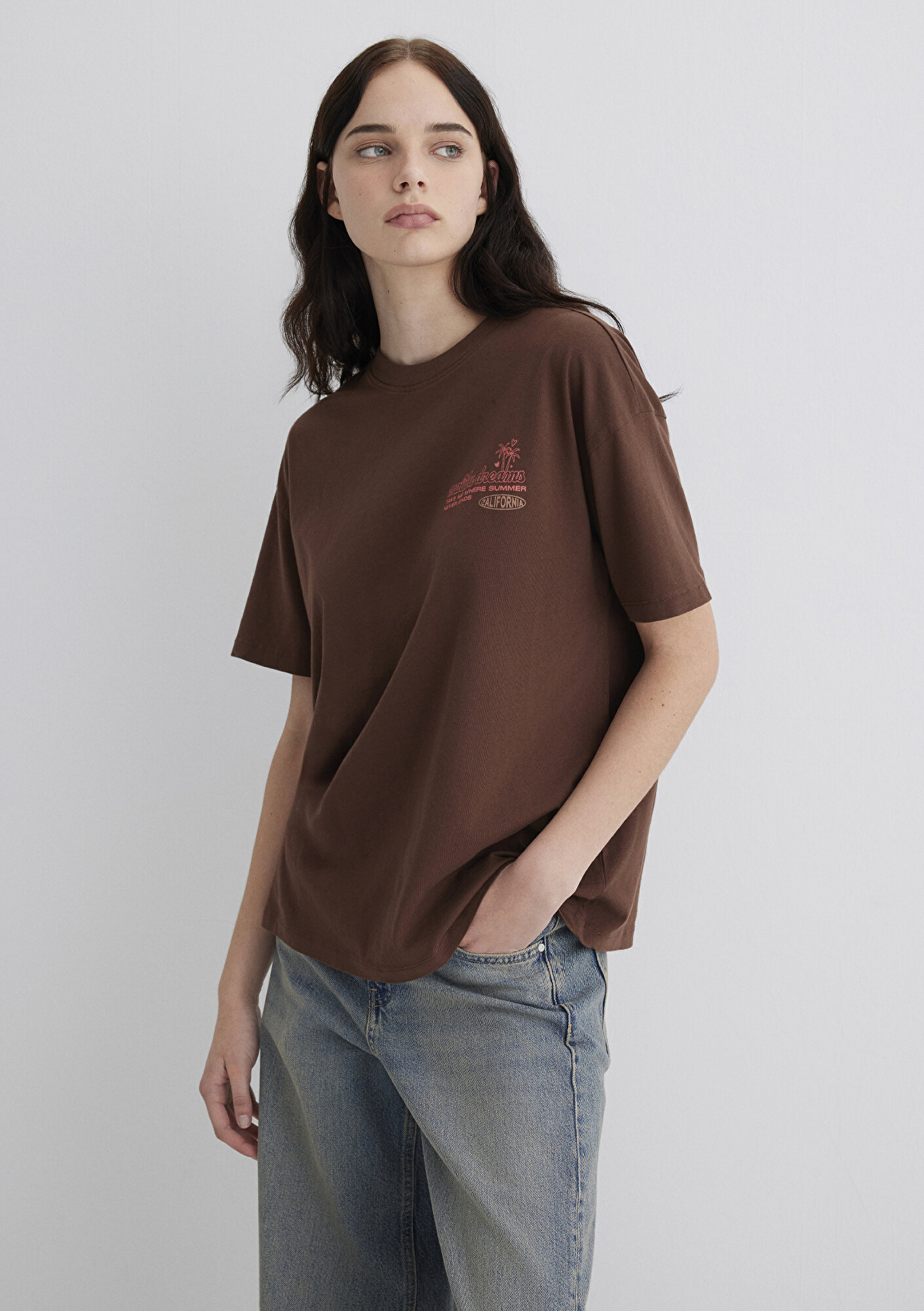  Mavi Baskılı Kahverengi Tişört Loose Fit / Bol Rahat Kesim 1613530-70242