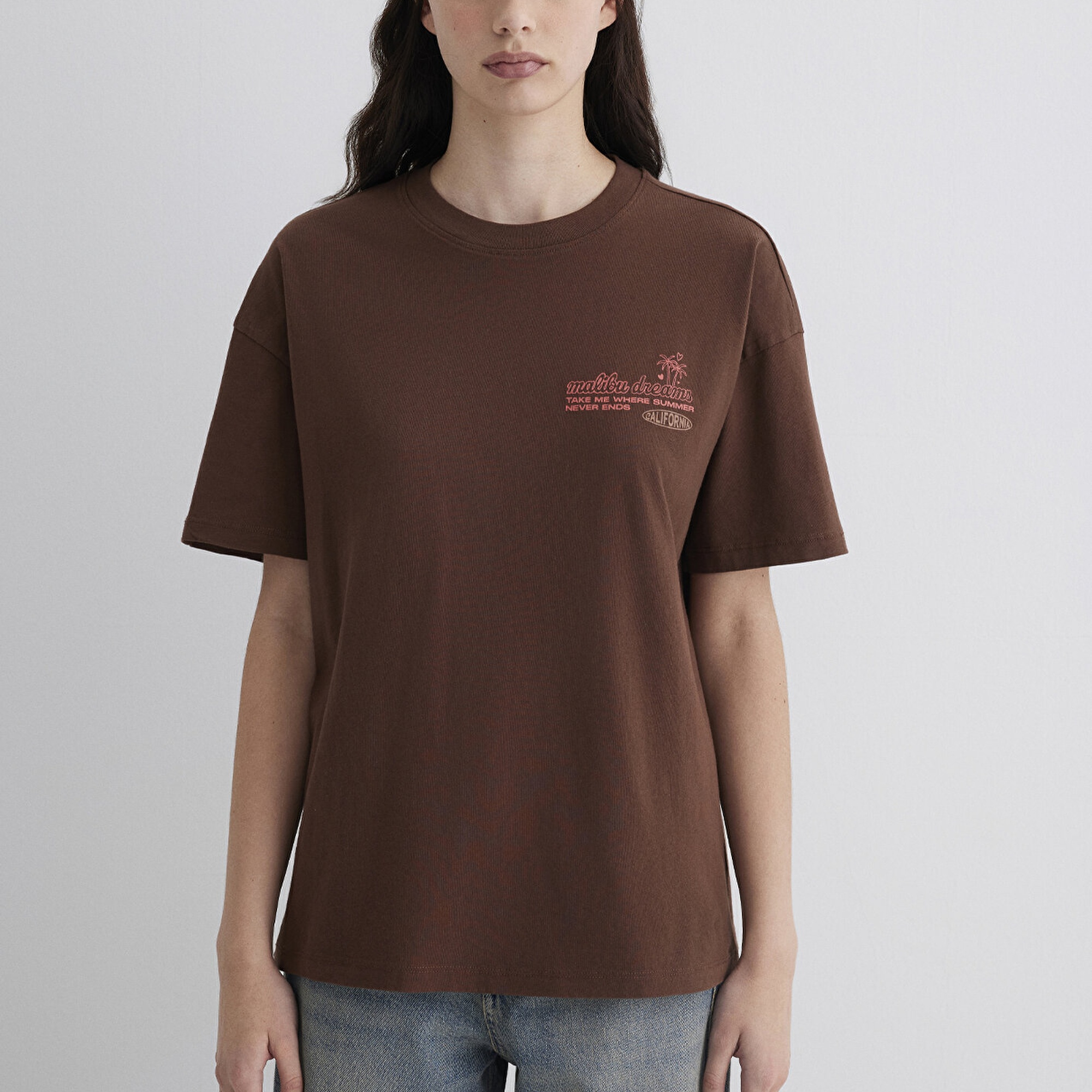 Mavi Baskılı Kahverengi Tişört Loose Fit / Bol Rahat Kesim 1613530-70242