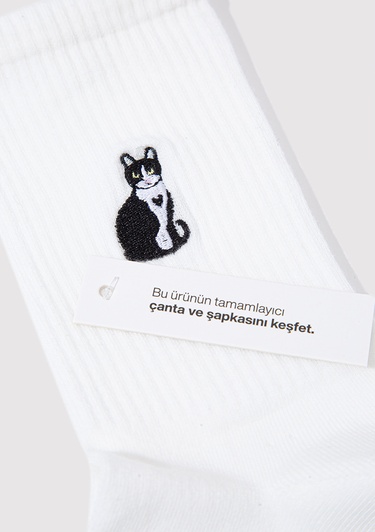 Mavi Kedi Nakışlı Beyaz Soket Çorabı 1913433-620