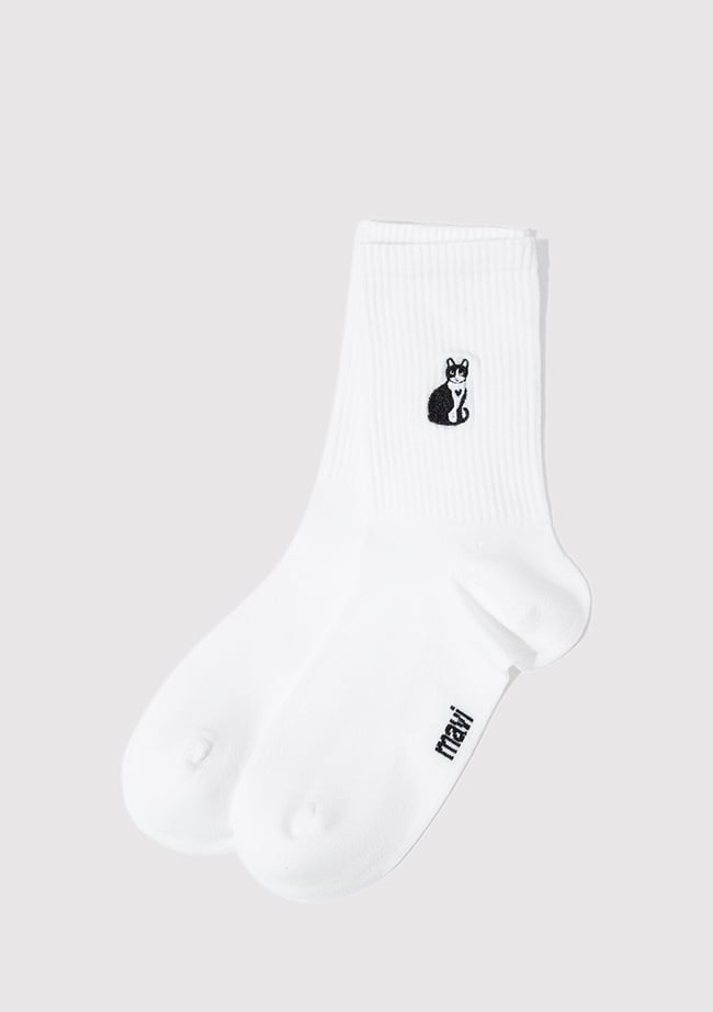  Mavi Kedi Nakışlı Beyaz Soket Çorabı 1913433-620