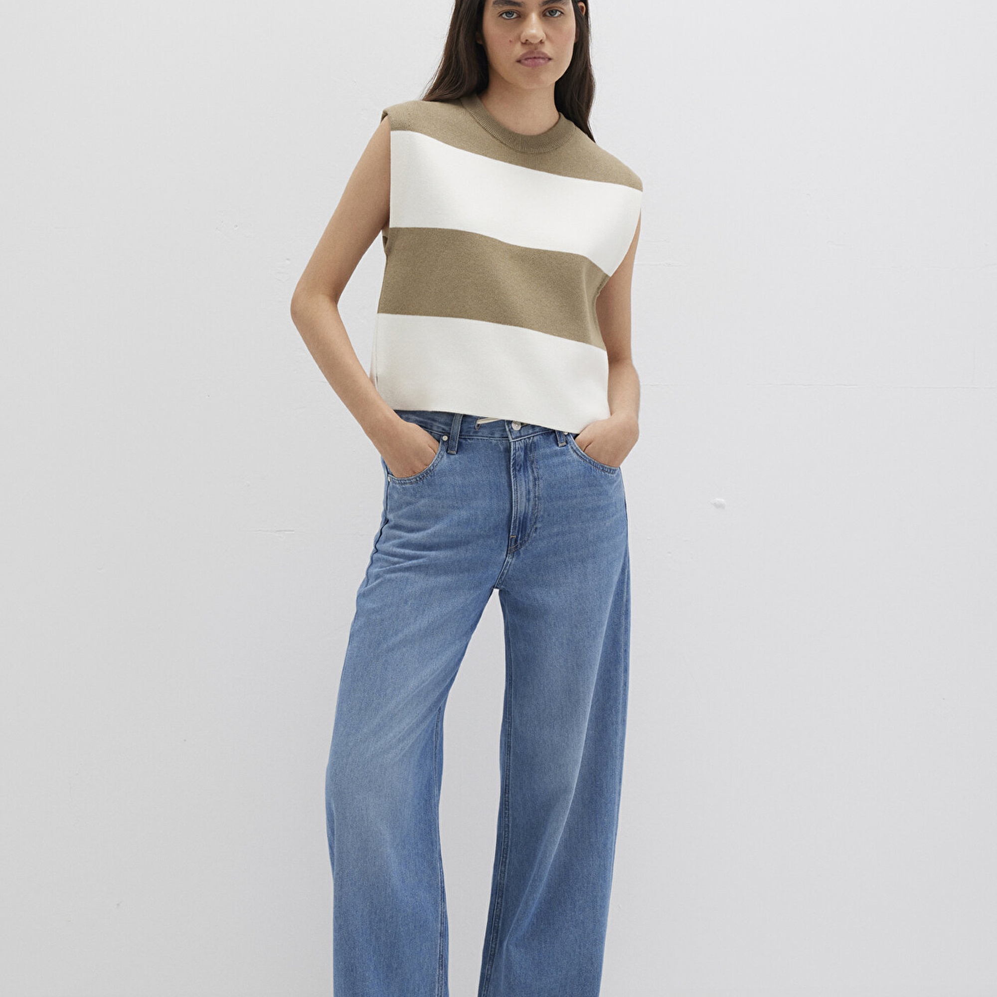 Mavi Blok Çizigli Kolsuz Kazak Regular Fit / Normal Kesim 1710695-90640